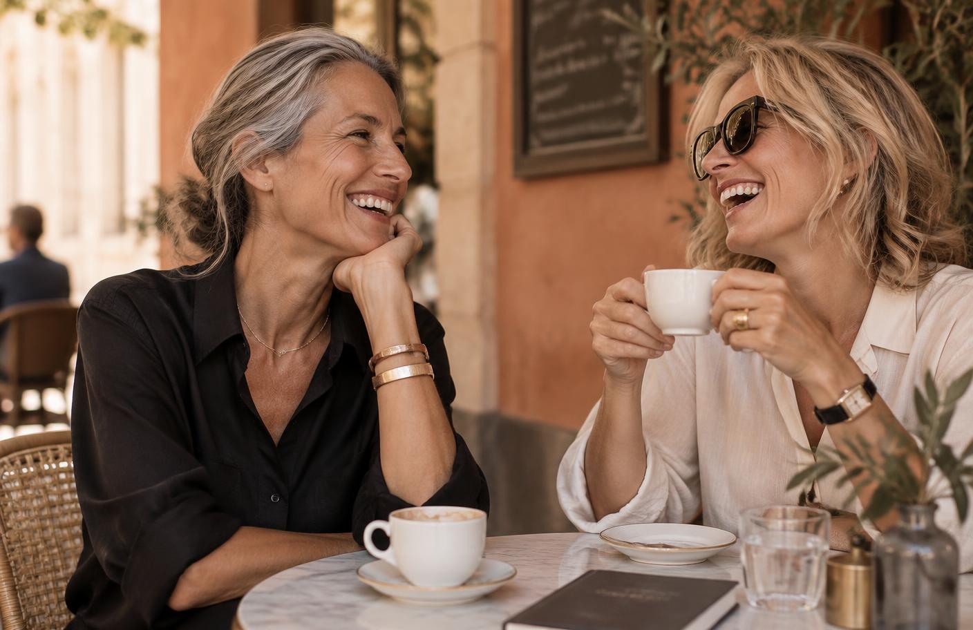 Two women in midlife laughing together over coffee
